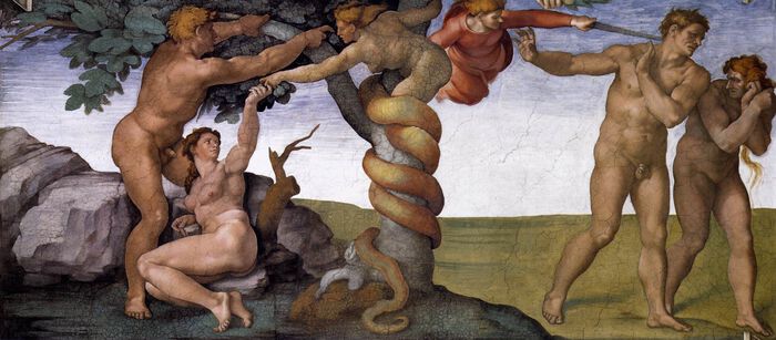 «Syndefallet og utdrivelsen av Edens hage», freskomaleri av Michelangelo til taket i det sixtinske kapell i Roma, malt ca. 1509.