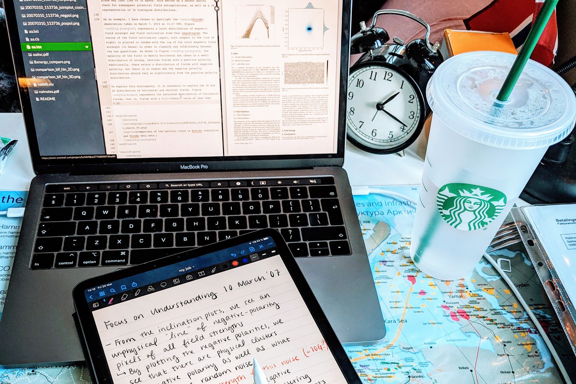 desk with a laptop, an iPad, a coffee cup, a clock