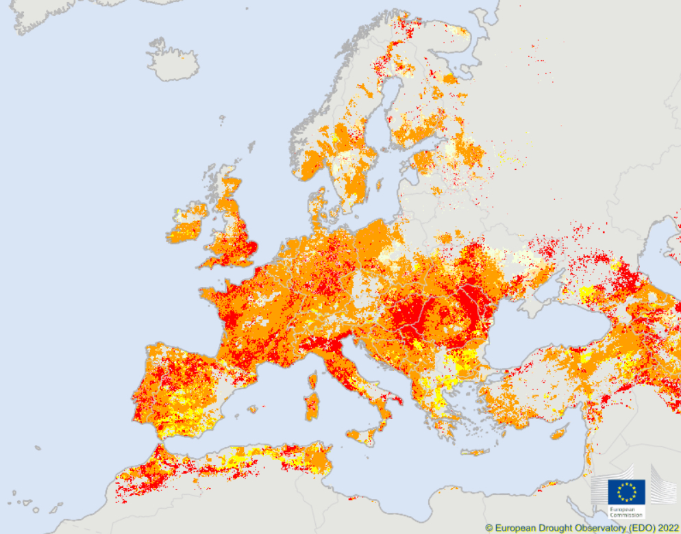 Kart over tørkesituasjonen i Europa i 2022