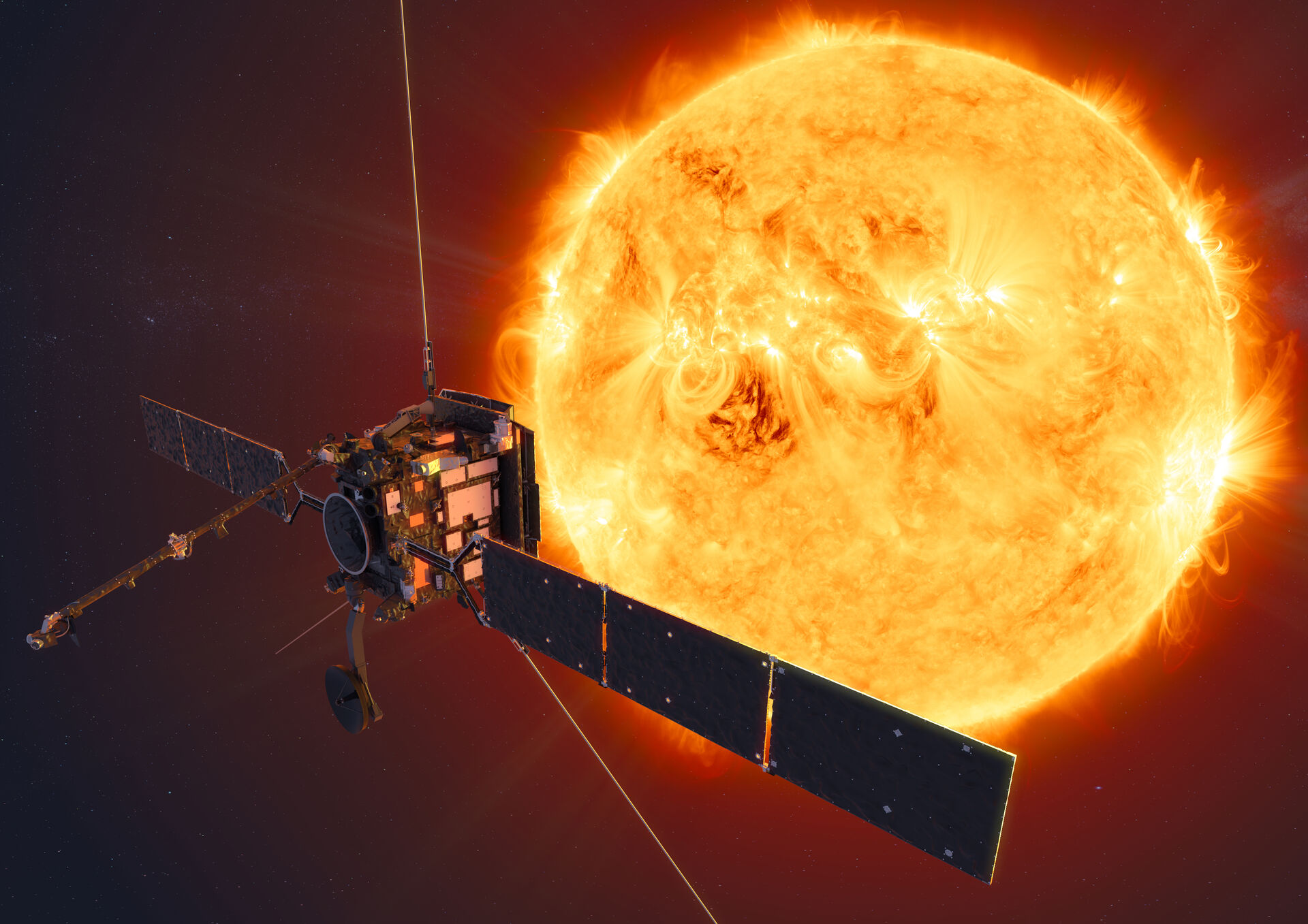 Illustrasjon fra ESA hvor Solar Orbiter befinner seg foran solen. Kilde: ESA/ATG MediaLab 